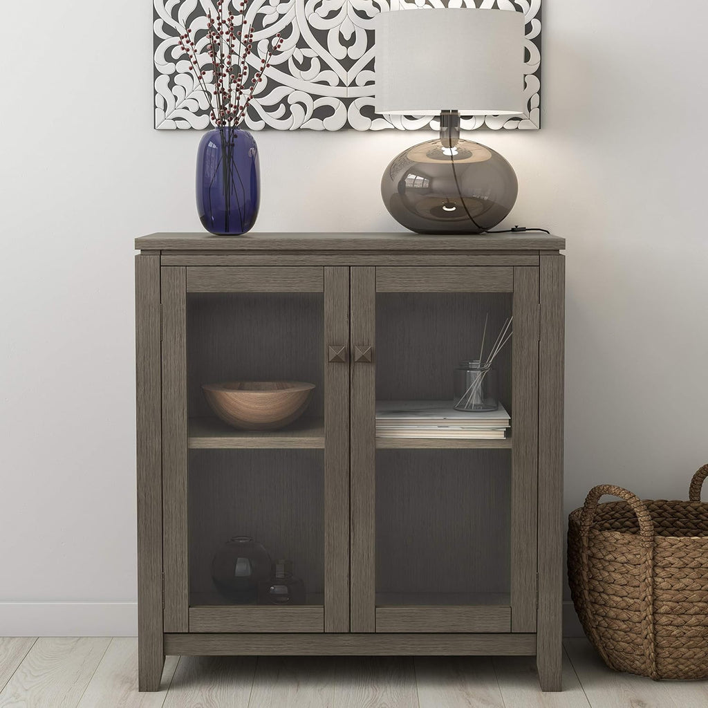 Solid Wood Low Storage Cabinet with 2 Tempered Glass Doors C8145