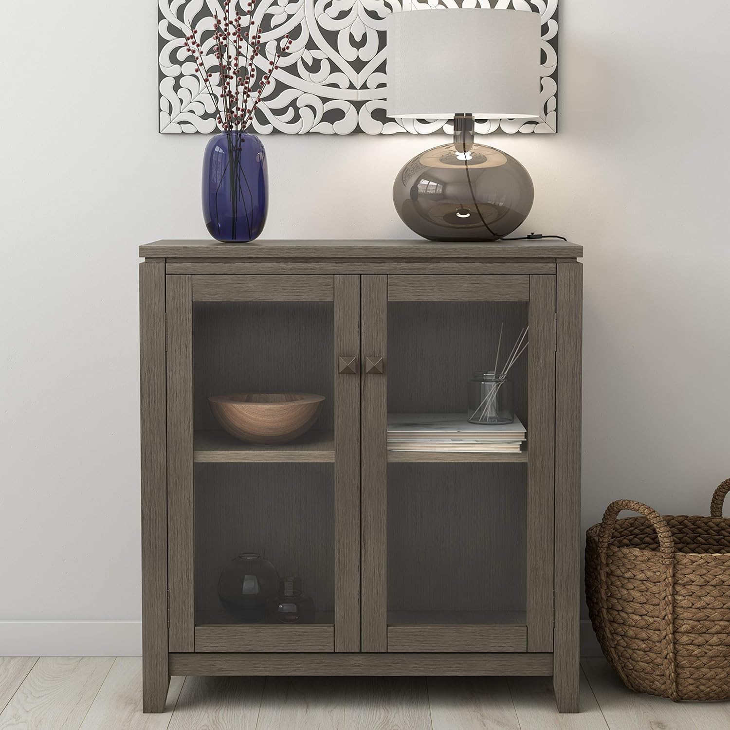 Solid Wood Low Storage Cabinet with 2 Tempered Glass Doors C8145