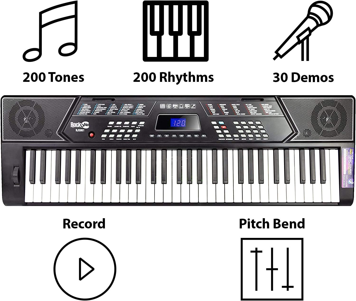 61 Key Keyboard Piano With Pitch Bend Kit, Keyboard Stand, Piano Bench, Headphones X73820