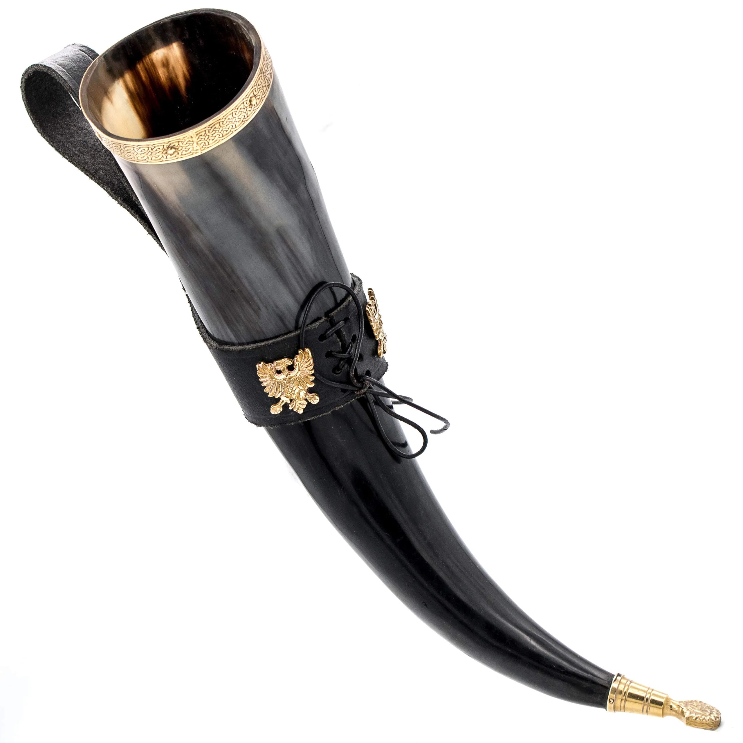 Polished Viking Drinking Horn with Black Leather Holder R86514