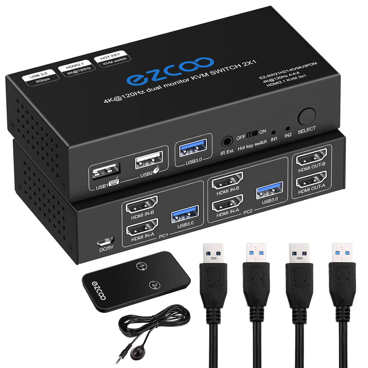 KVM Switch HDMI 2 Input Dual Monitor 4K 120Hz 8K Hot Key IR Remote 2 Computer 2 Monitor Keyboard Mouse Printer, 2 USB3.0 Cable, IR Extender, HDMI2.1 HDCP 2.3 G482
