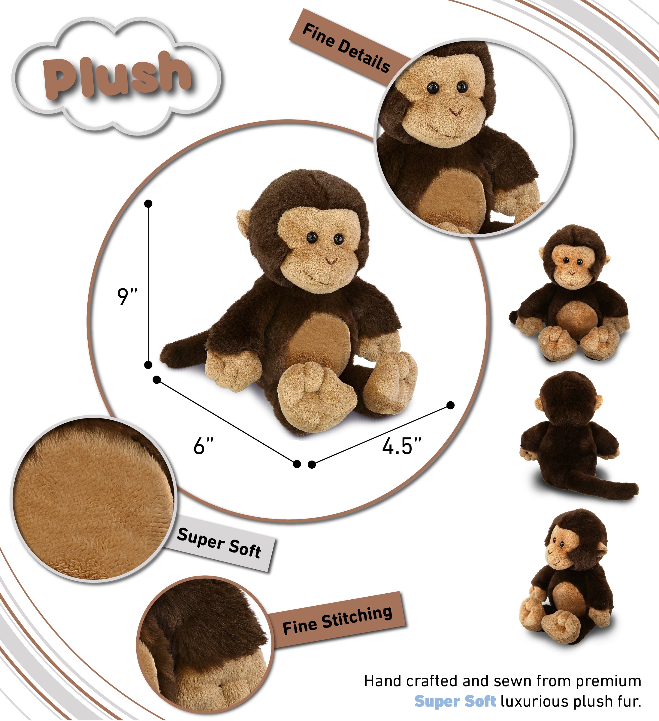 Soft Brown Plush Monkey Stuffed Animal Toy, 9 Inches F20405