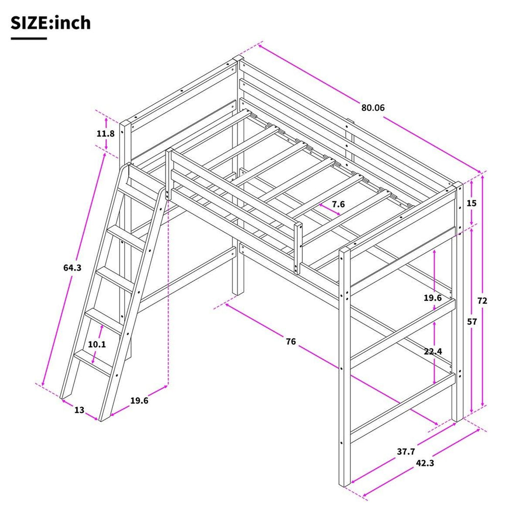 Grey Solid Wood Loft Bed with Angled Ladder K415