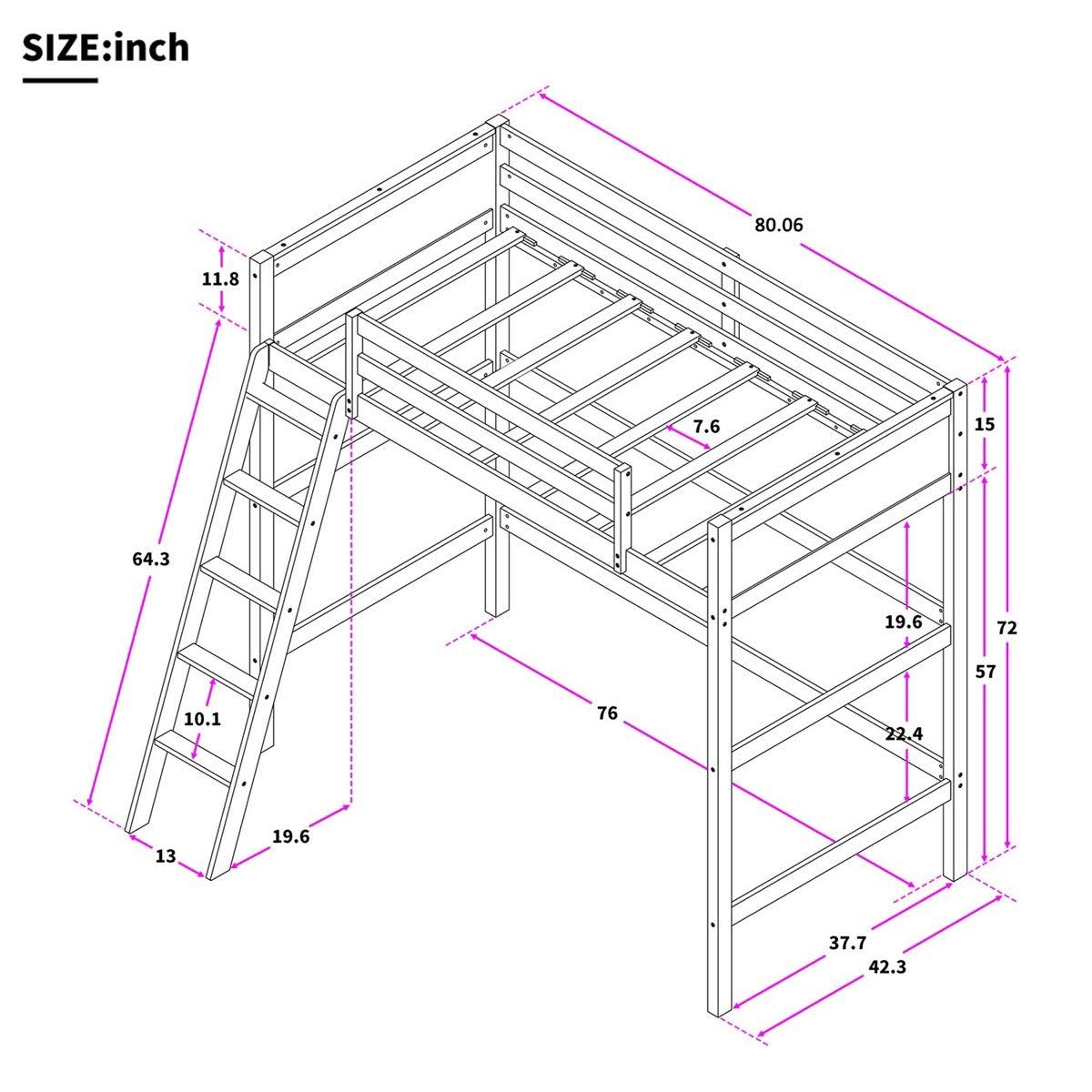Grey Solid Wood Loft Bed with Angled Ladder K415