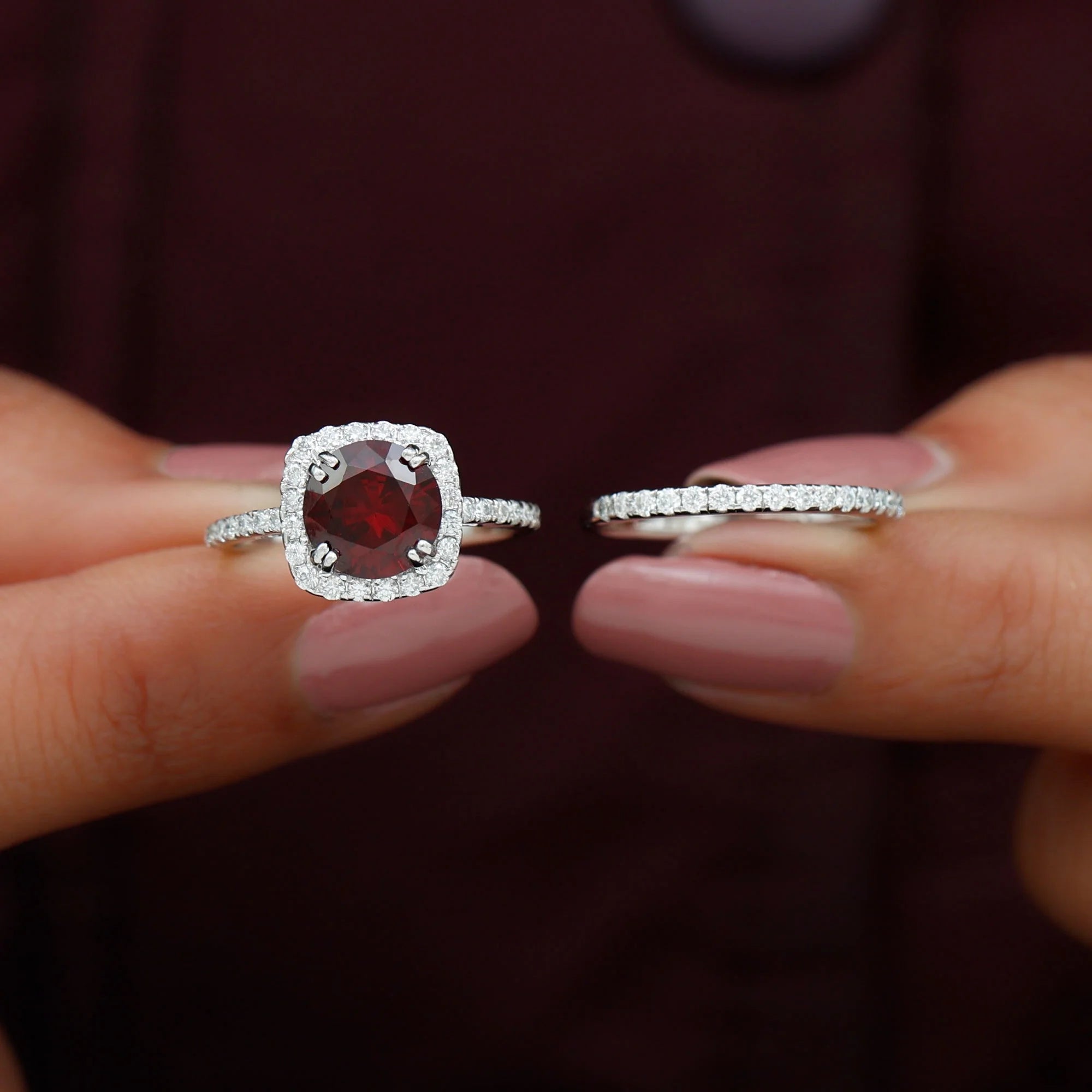 Lab Created Ruby Ring Set with Moissanite Accent, 925 Sterling Silver J29606