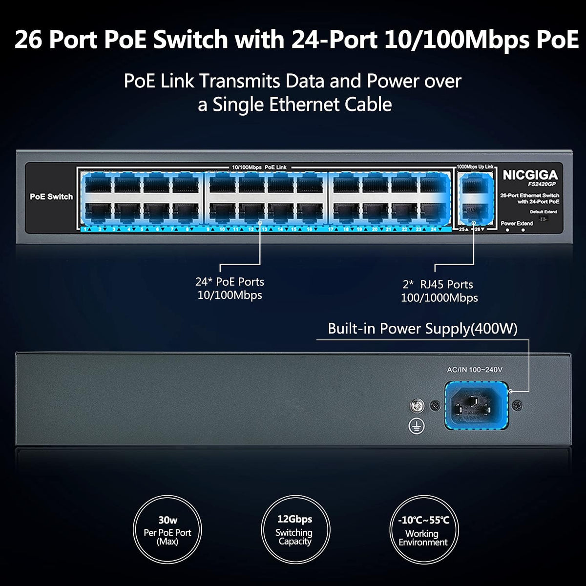 26 Port PoE Switch with 24 Ports 10/100Mbps PoE+@400W, 2 Gigabit Uplink Ports, Metal Case T168345