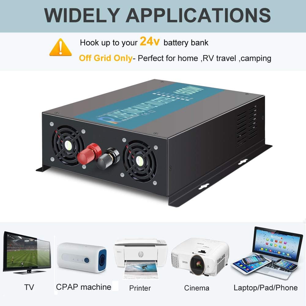 1500Watt 24V DC to 110V 120V Pure Sine Wave Power Inverter with Remote Control Dual AC Outlets A2200