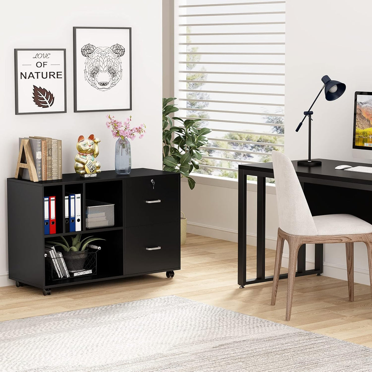 Black Lateral File Cabinet with Lock and Wheels U663200