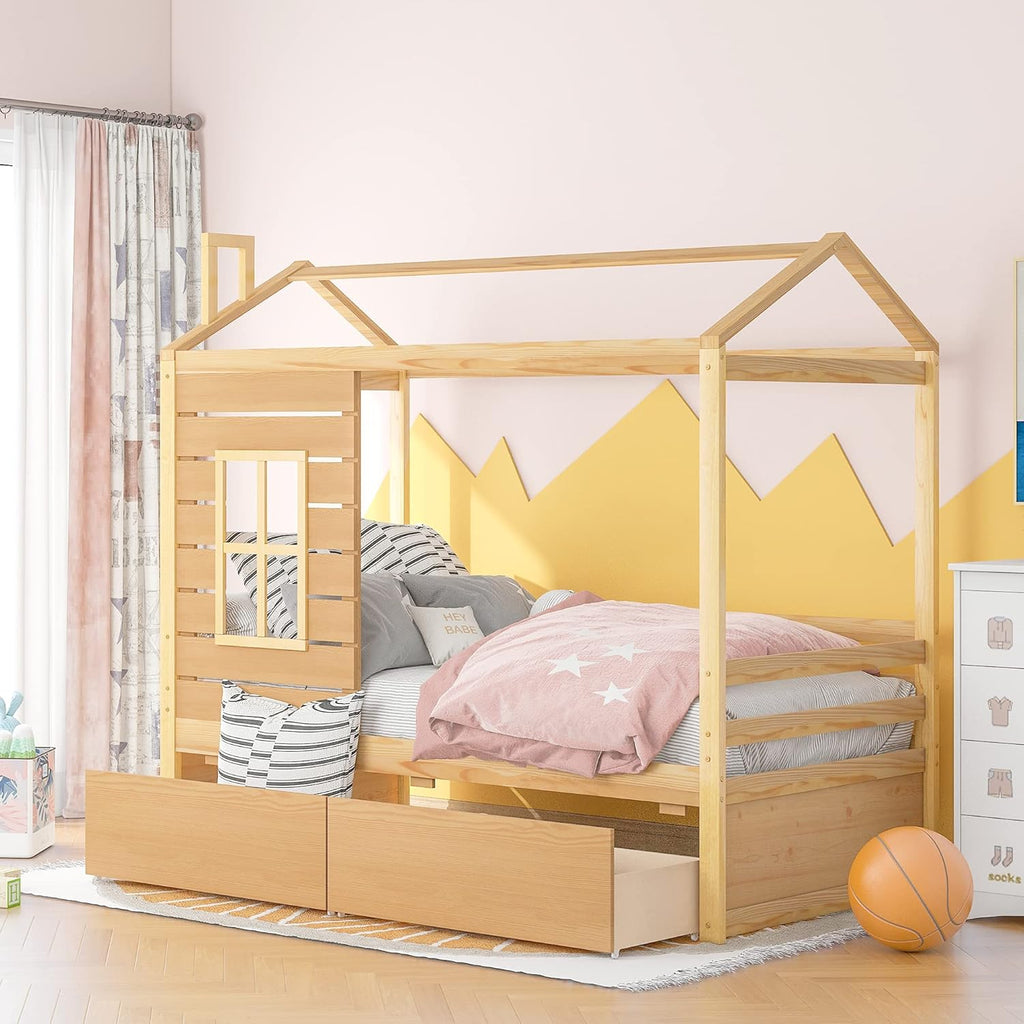 White Twin House Shape Wooden Floor Bed with Trundle Y607