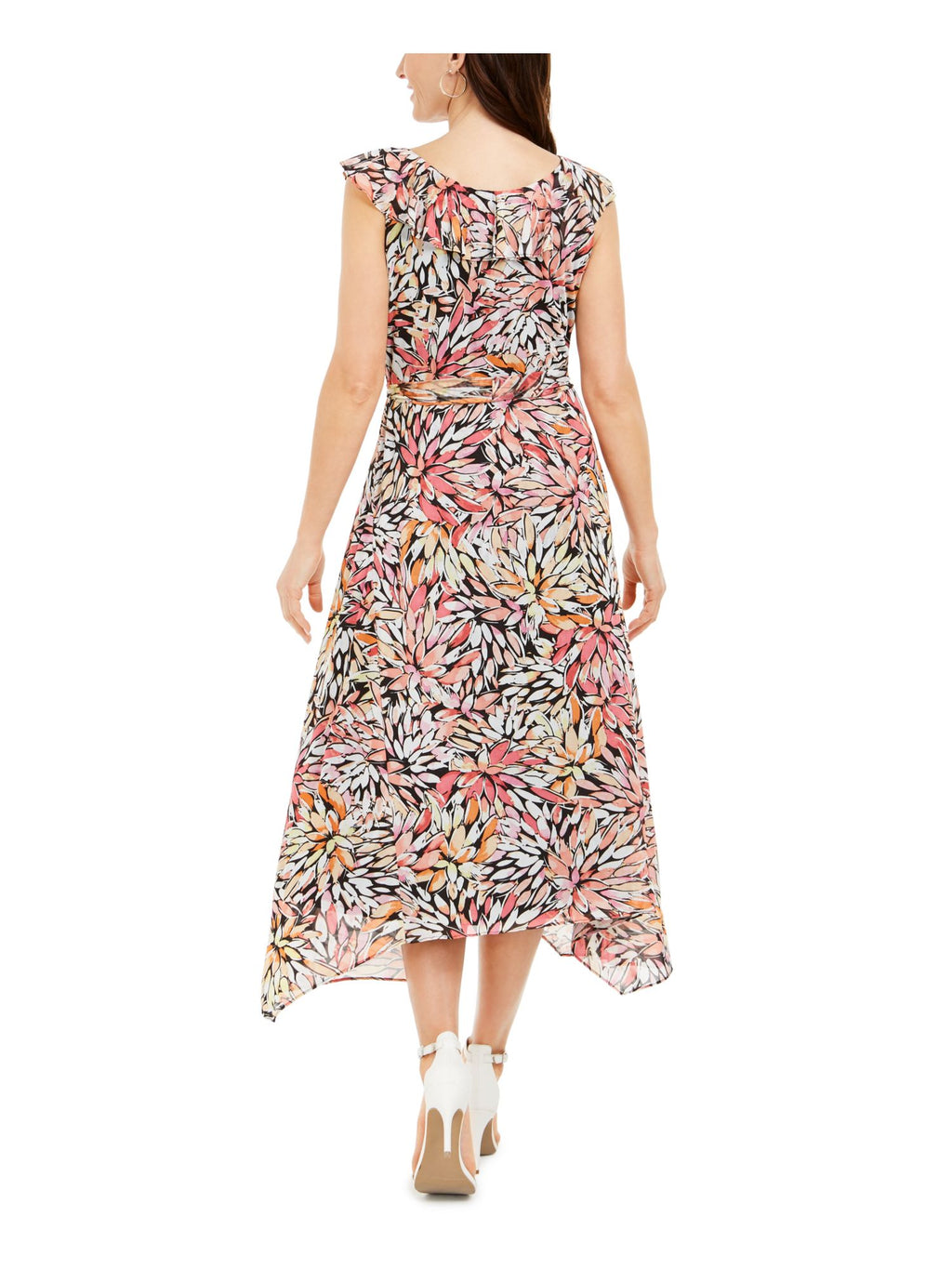Black Ruffled Floral Cap Sleeve V Neck Tea-Length Shift Dress Petites 8P R597