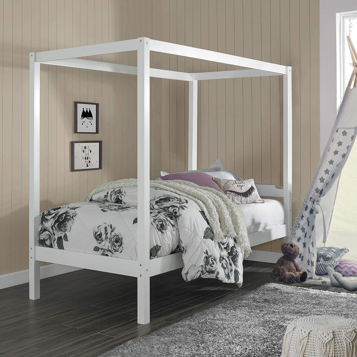 White Twin Size Wood Canopy Bed S8313