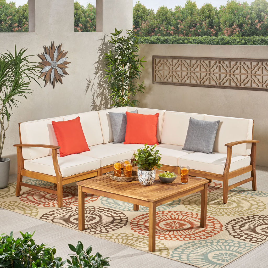 6 Piece Outdoor Acacia Wood Chat Set with Cushions, Teak Finish, Cream X652