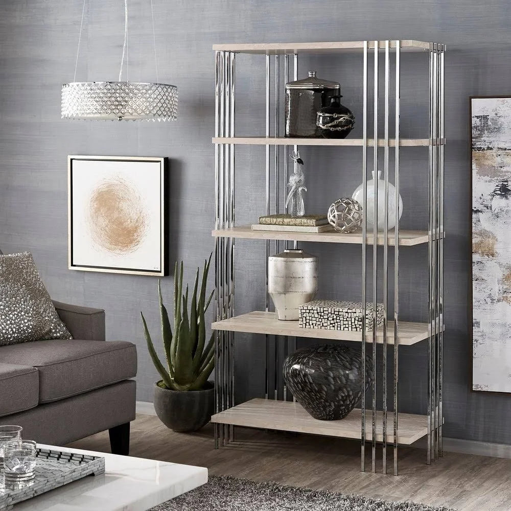 Gray Chrome Finish 68-inch Bookcase with Faux Marble Shelves O37158