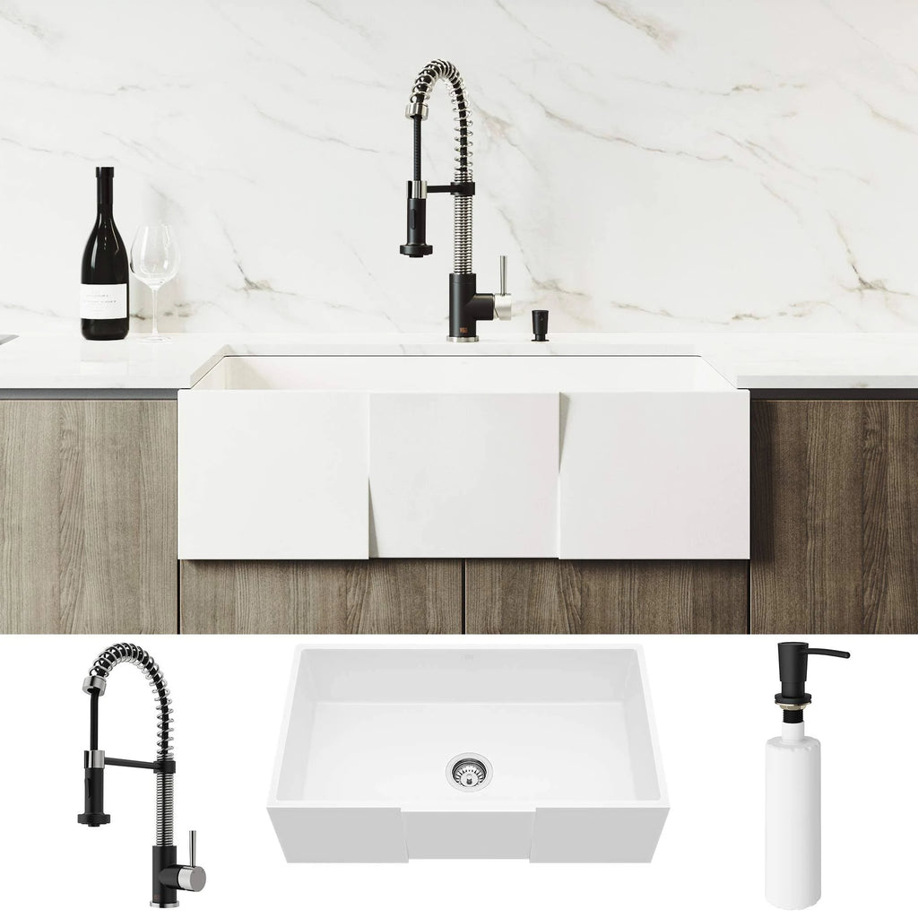 33 inch Matte Stone Farmhouse Apron Kitchen Sink Set with Stainless Steel Faucet L722399
