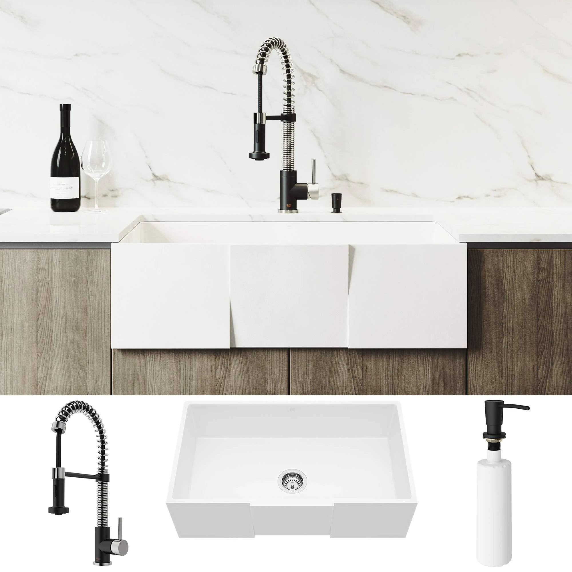 33 inch Matte Stone Farmhouse Apron Kitchen Sink Set with Stainless Steel Faucet L722399