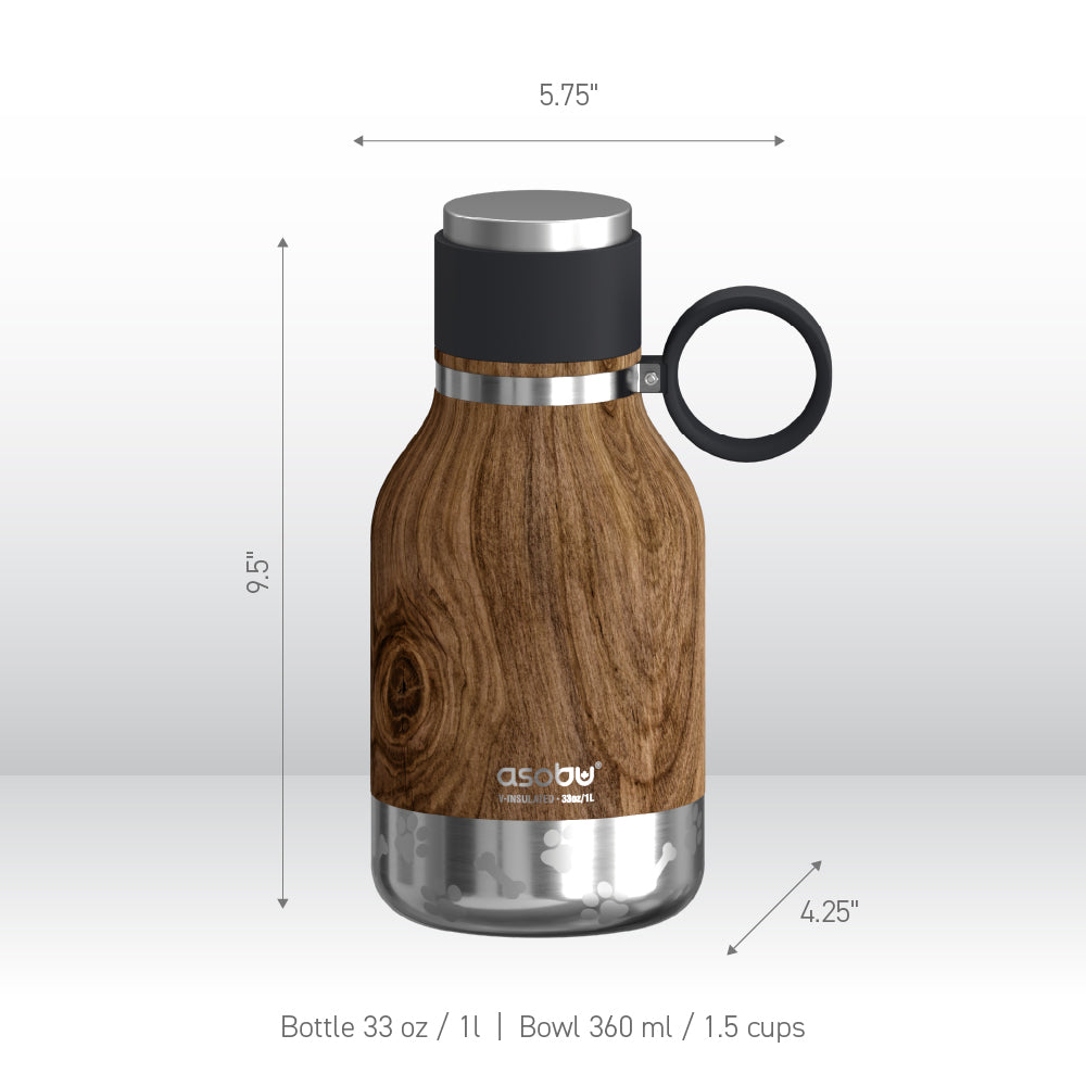 33 Ounce Stainless Steel Insulated Travel Bottle with Dog Bowl (Natural Wood) V174647