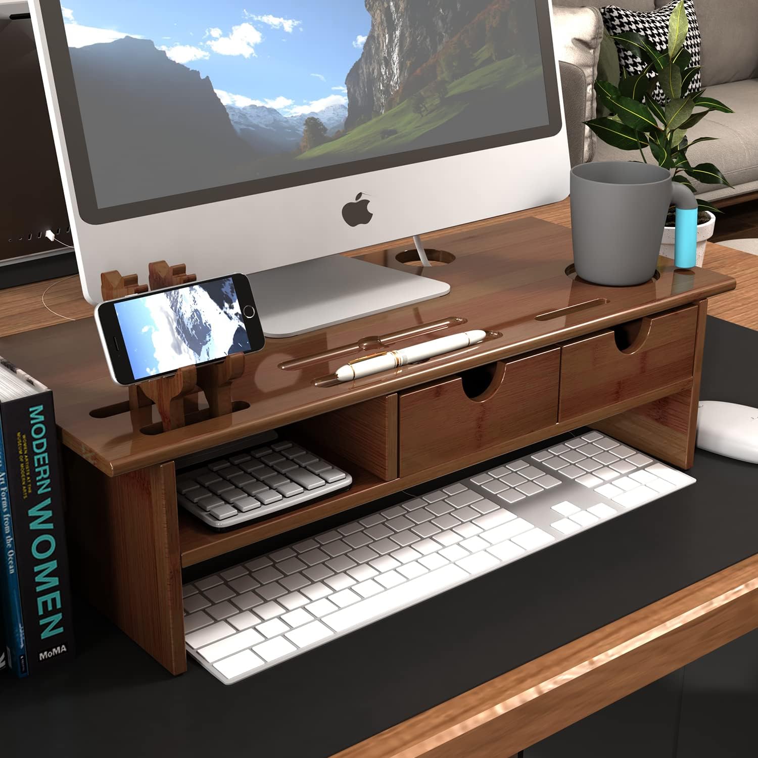 Bamboo Wood Monitor Stand with Storage Drawers Pack of 2 X968284
