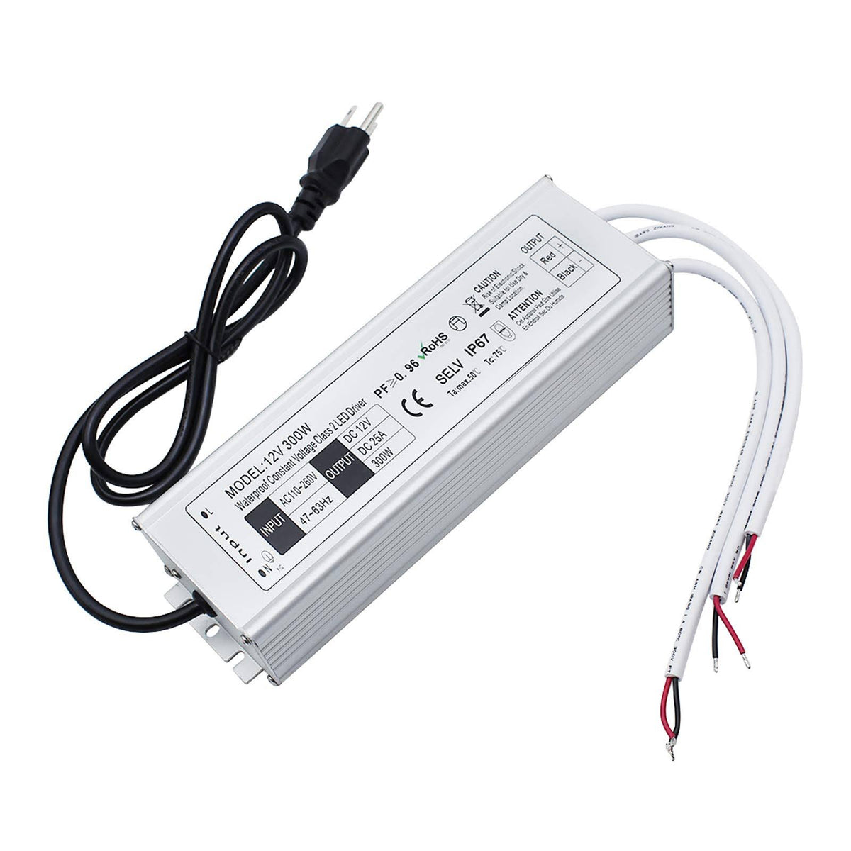 Waterproof IP67 LED Power Supply Driver Transformer 300W 110V AC to 12V DC Low Voltage Output with 3-Prong Plug H93891