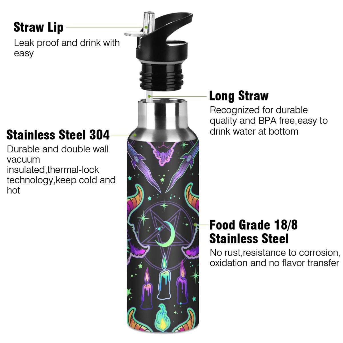 Cartoon Devil Insulated Stainless Steel Water Bottle with Straw Lid Flask, 20 oz V426