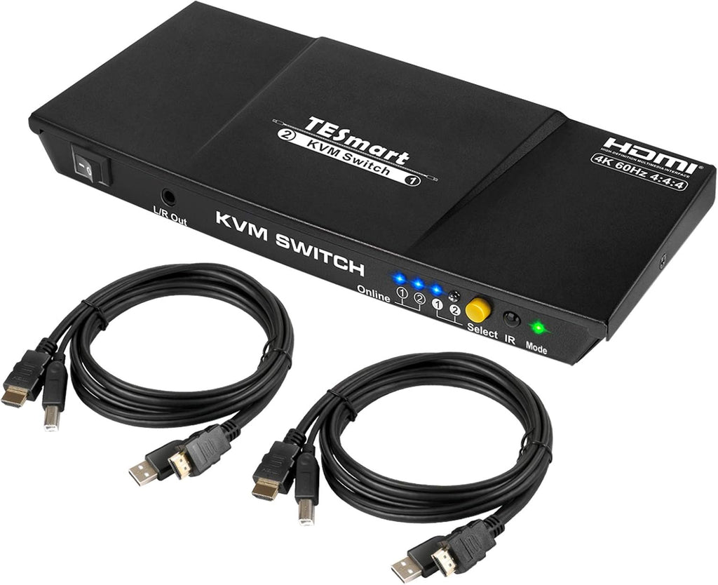 HDMI KVM Switch 2 Port 4K@60Hz Ultra HD 2x1 with 2 Pcs 5ft KVM Cables C807