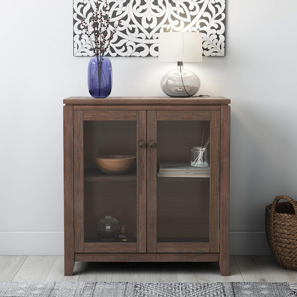 Solid Wood Low Storage Cabinet with 2 Tempered Glass Doors C8145
