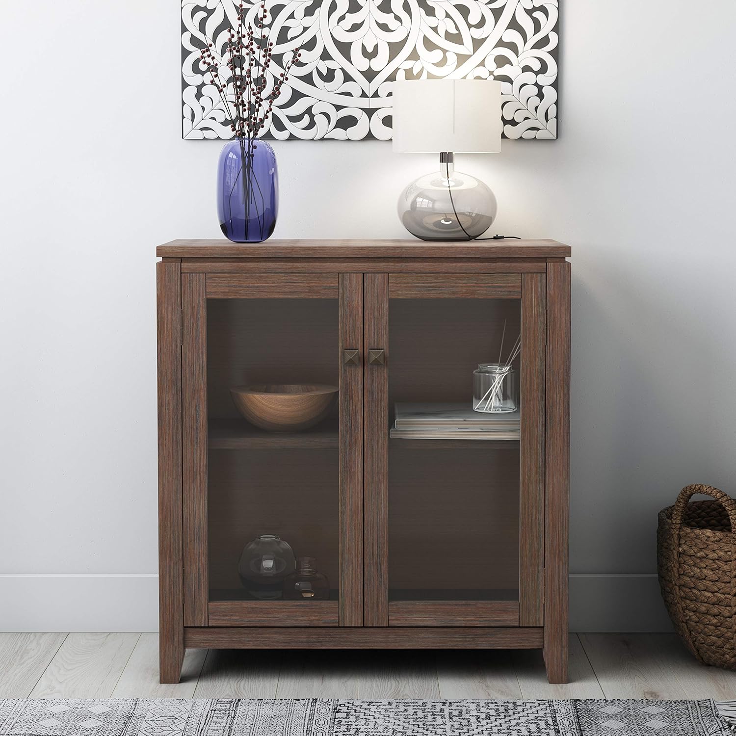 Solid Wood Low Storage Cabinet with 2 Tempered Glass Doors C8145