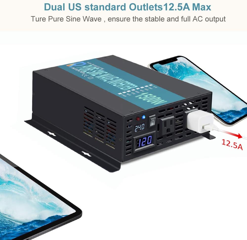 1500Watt 24V DC to 110V 120V Pure Sine Wave Power Inverter with Remote Control Dual AC Outlets A2200