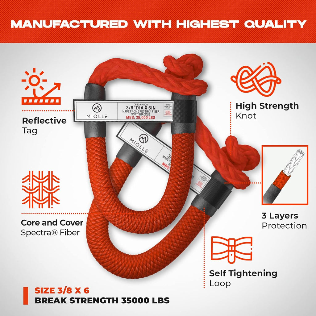 7/8" x 30' Kinetic Recovery & Tow Rope, Red, with 2 Spectra Fiber Soft Shackles D932557