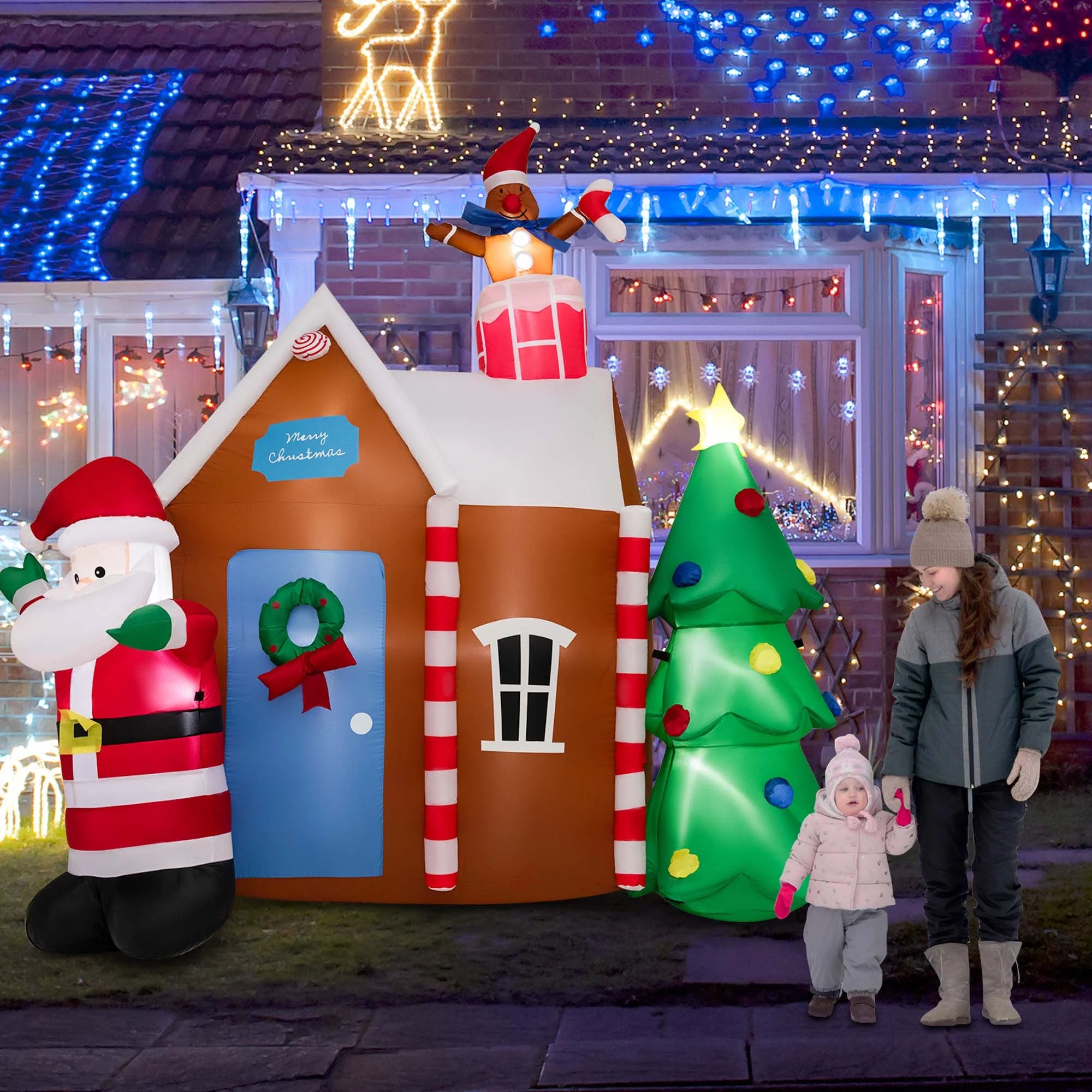 7 FT Inflatable Christmas Ginger House with Santa Claus Christmas Tree LED Lights W841110