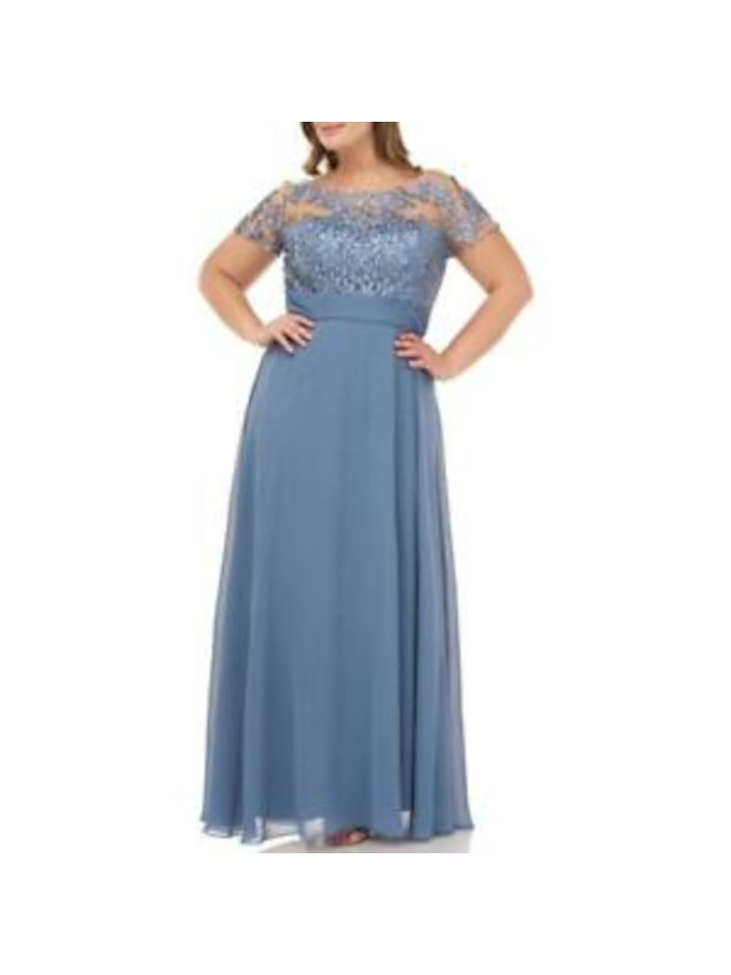 Blue Embroidered Zippered Lace Lined Pleated Floral Short Sleeve Maxi Dress Z77077