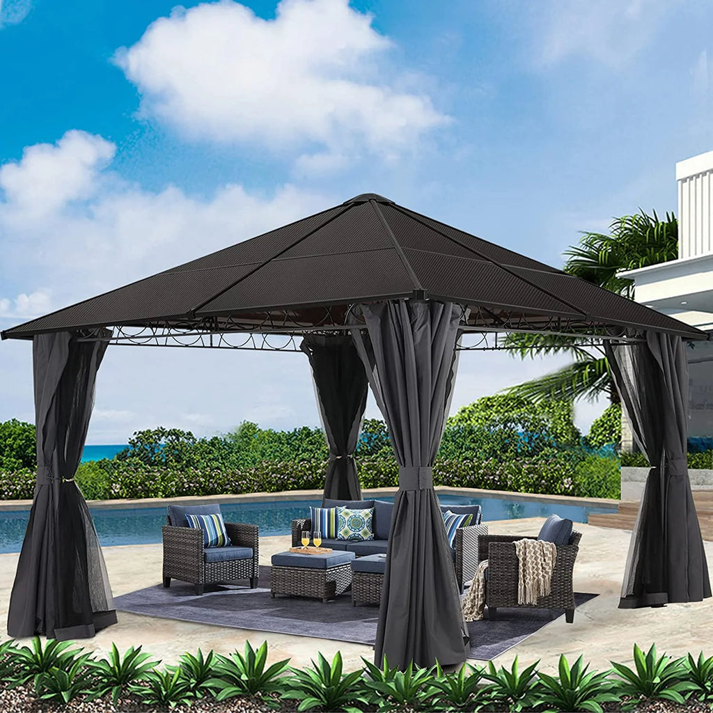 10x10 Hardtop Patio Gazebo with Netting and Screen Walls Curtains, Dark Gray W959