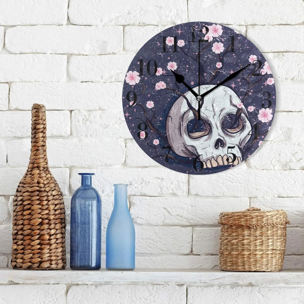 Pink Cherry Blossoms Human Skull Wall Clock 9.8 Inch Silent Round Wall Clock D420048