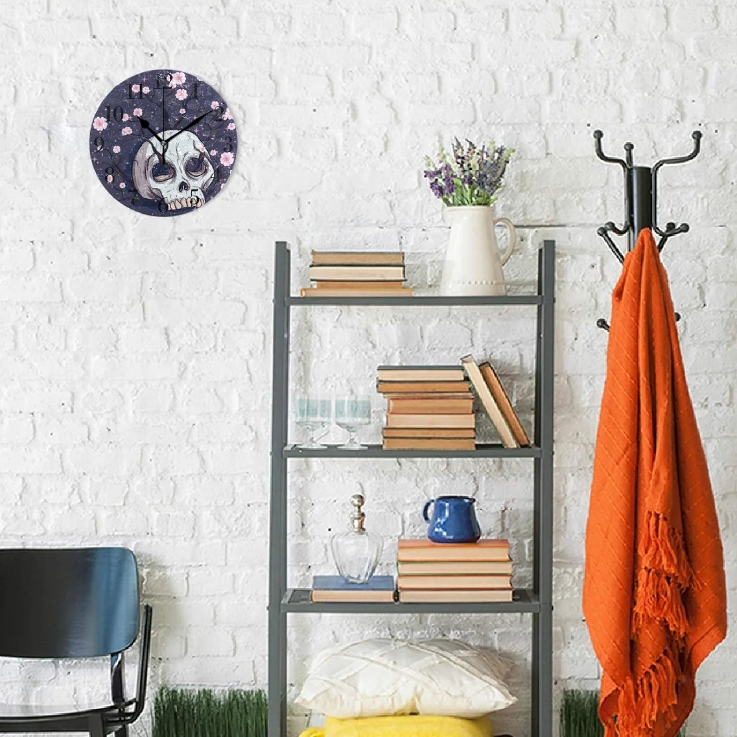 Pink Cherry Blossoms Human Skull Wall Clock 9.8 Inch Silent Round Wall Clock D420048