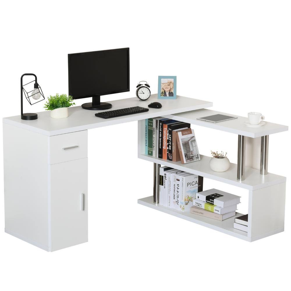 White L-Shaped Computer Desk with Storage Shelves, Cabinet and Drawer I851030