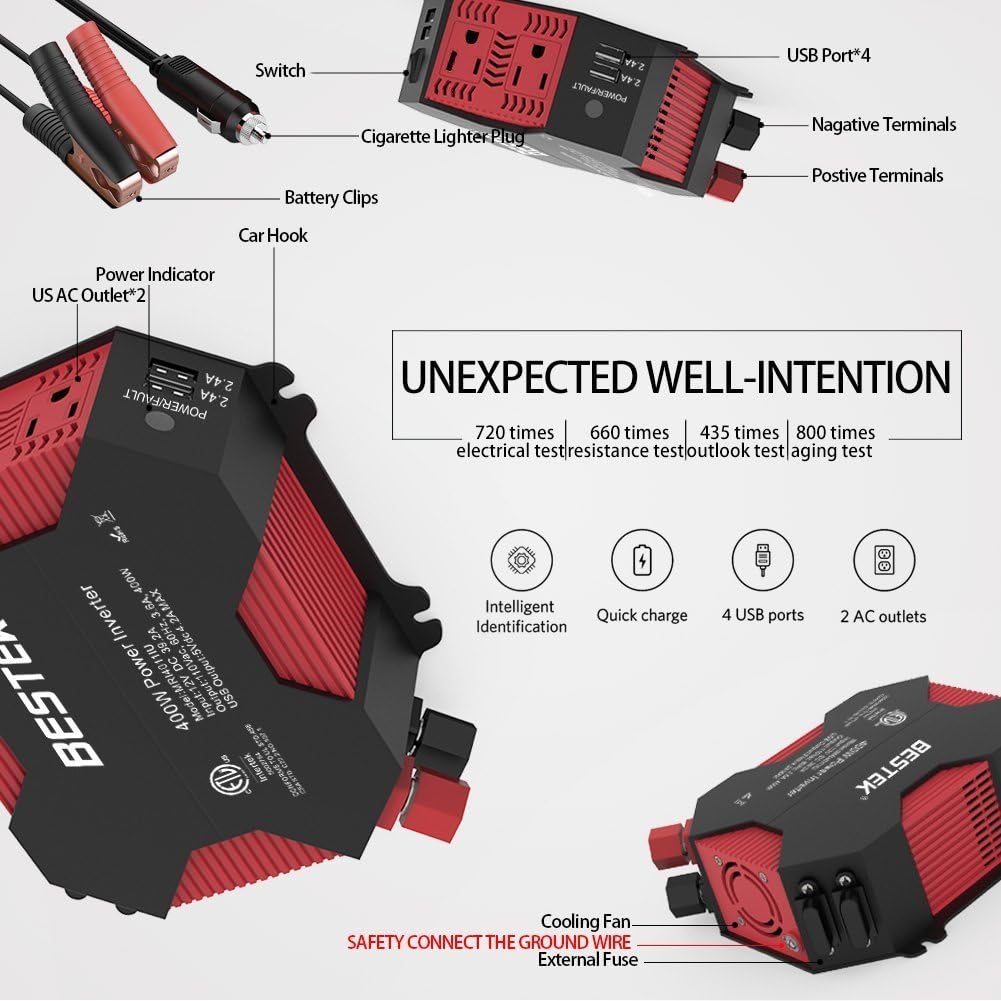 400W/500W DC 12V 110V Power Inverter with 4 USB Charging Ports, 2 AC Outlets, Pack of 2 E2407