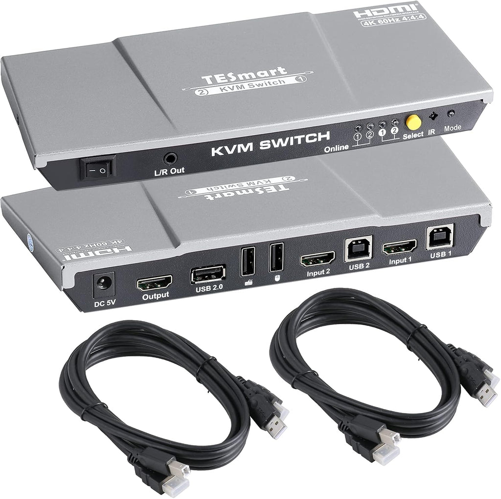 HDMI KVM Switch 2 Port 4K@60Hz Ultra HD 2x1 with 2 Pcs 5ft KVM Cables C807