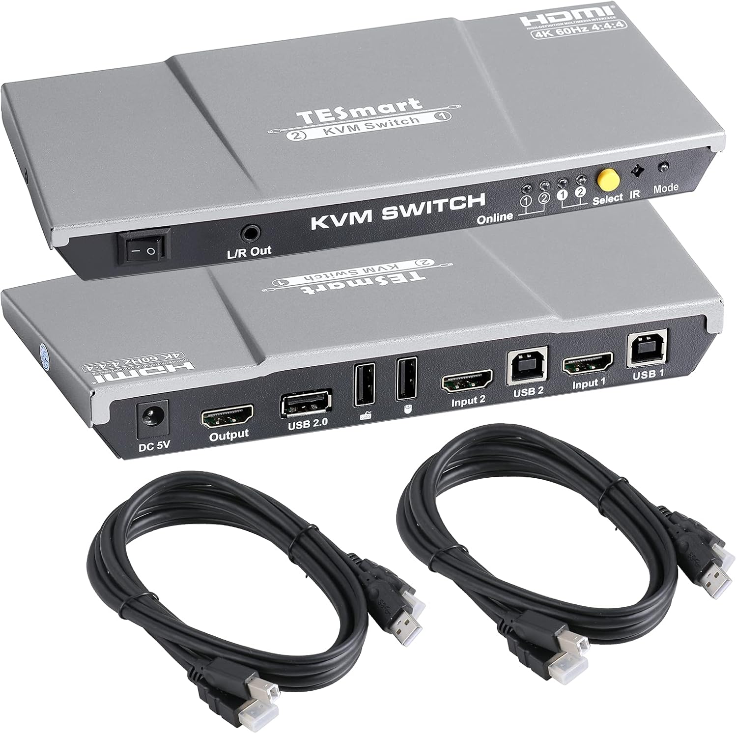 HDMI KVM Switch 2 Port 4K@60Hz Ultra HD 2x1 with 2 Pcs 5ft KVM Cables C807