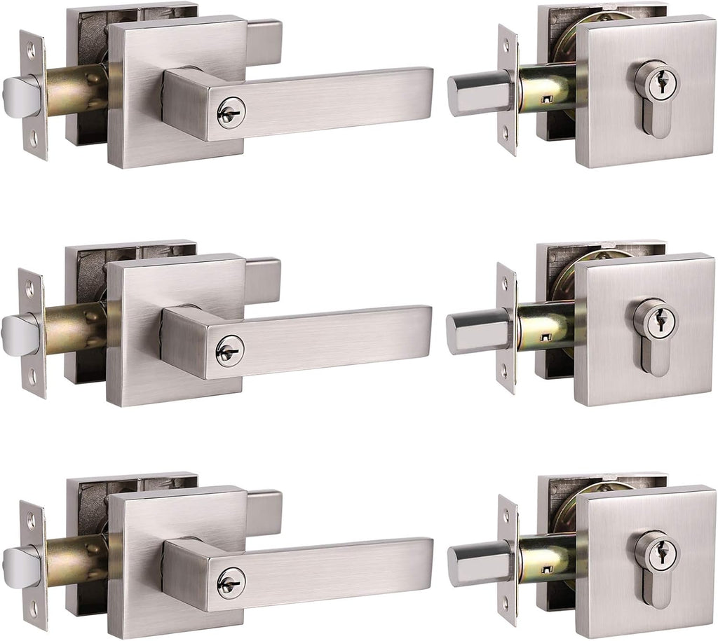 3 Pack Satin Nickel Entrance Lever Door Handle with Single Cylinder Deadbolt Locksets Keyed Alike P5618