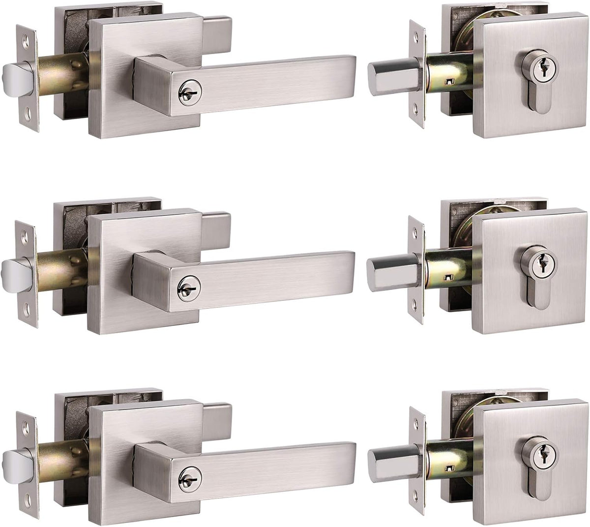 3 Pack Satin Nickel Entrance Lever Door Handle with Single Cylinder Deadbolt Locksets Keyed Alike P5618