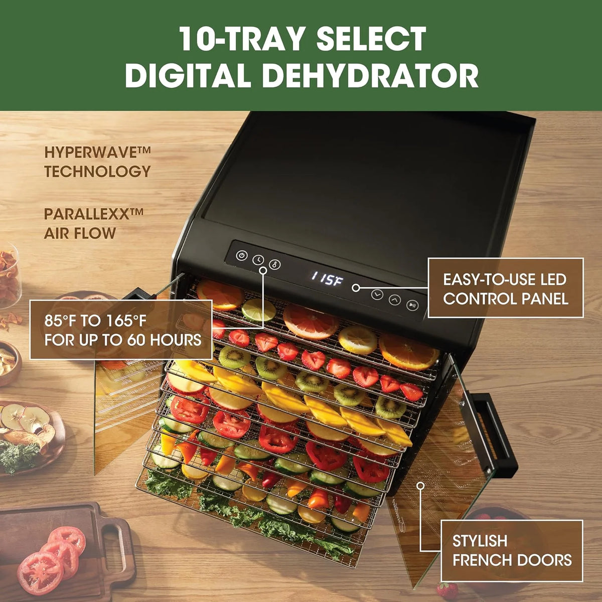 10-Tray Electric Food Dehydrator with Adjustable Temperature Control, 800-Watts, Black K18869