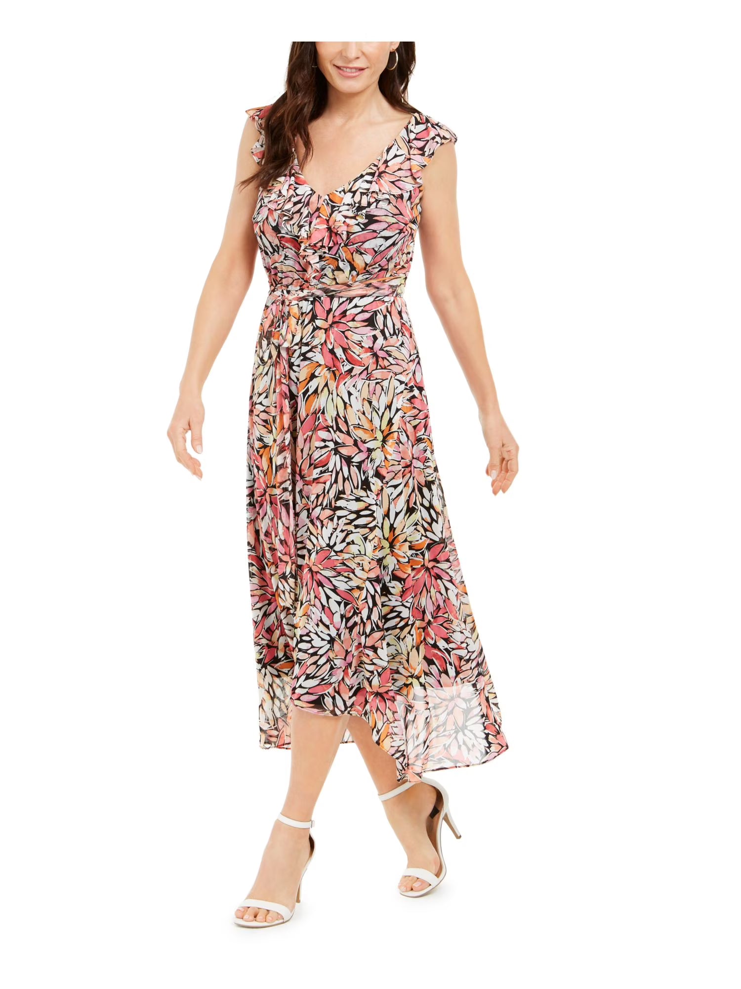 Black Ruffled Floral Cap Sleeve V Neck Tea-Length Shift Dress Petites 8P R597