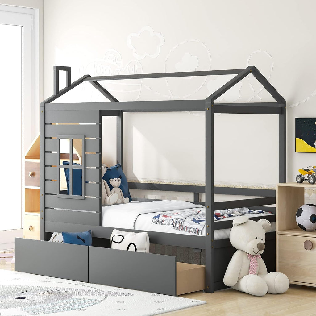 White Twin House Shape Wooden Floor Bed with Trundle Y607