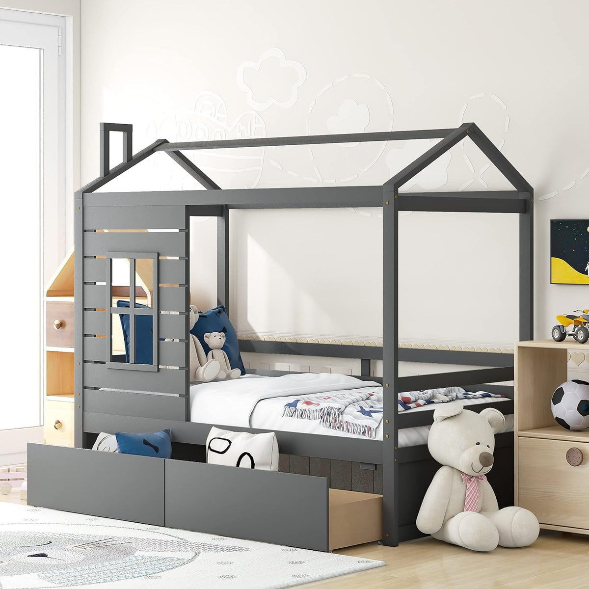 White Twin House Shape Wooden Floor Bed with Trundle Y607