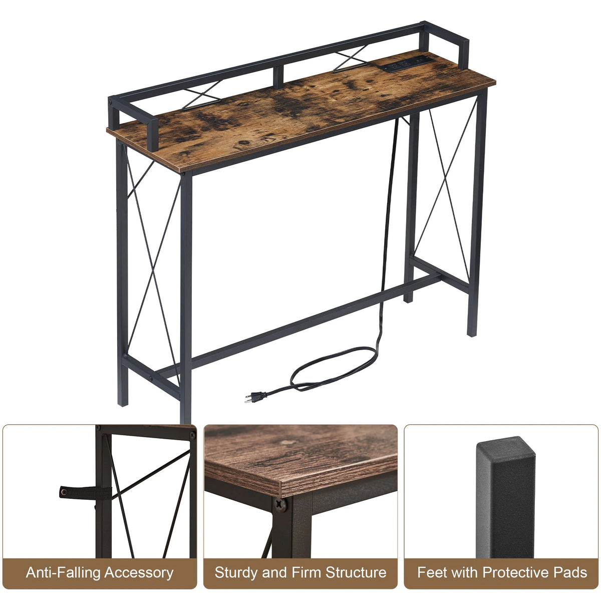 39.4" Console Table with 2 Outlet and 2 USB Ports, Industrial Style Sofa Table, Brown V81630