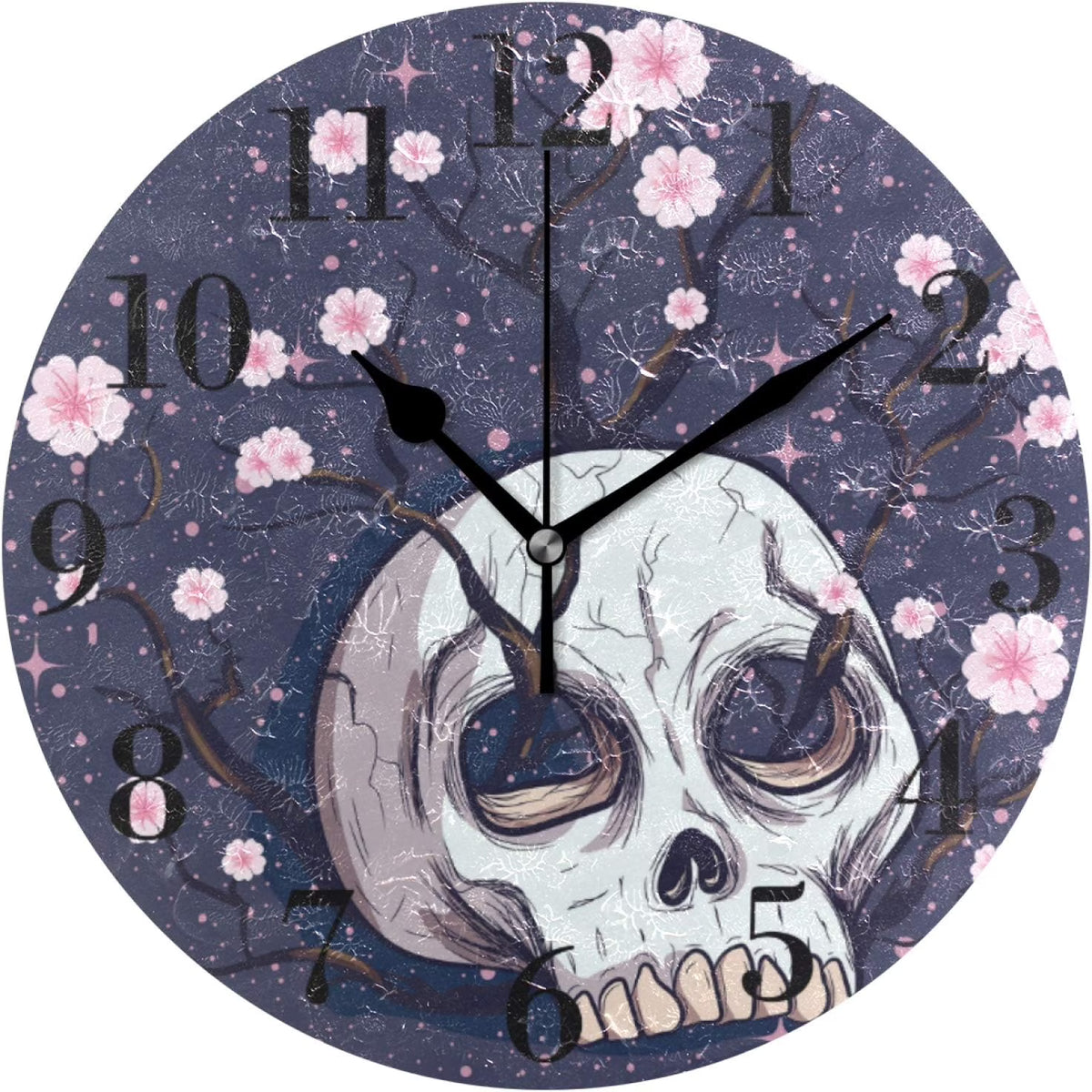 Pink Cherry Blossoms Human Skull Wall Clock 9.8 Inch Silent Round Wall Clock D420048