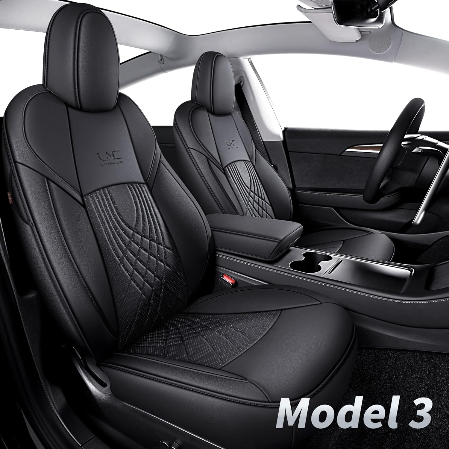 Tesla Seat Covers Full Set Water Proof Faux Leather Black Red M9930