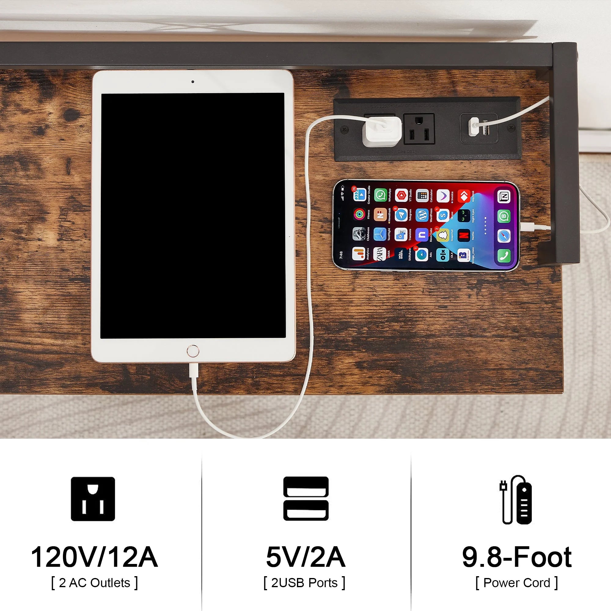39.4" Console Table with 2 Outlet and 2 USB Ports, Industrial Style Sofa Table, Brown V81630