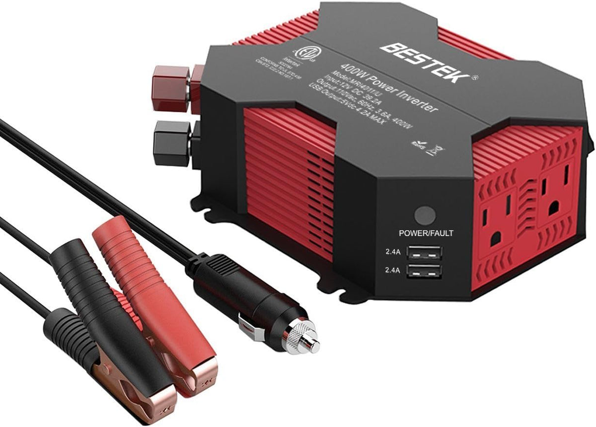 400W/500W DC 12V 110V Power Inverter with 4 USB Charging Ports, 2 AC Outlets, Pack of 2 E2407