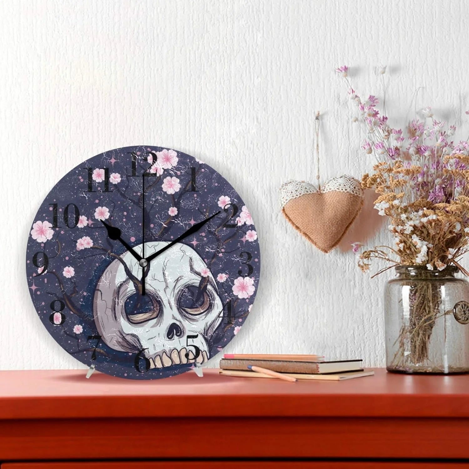 Pink Cherry Blossoms Human Skull Wall Clock 9.8 Inch Silent Round Wall Clock D420048