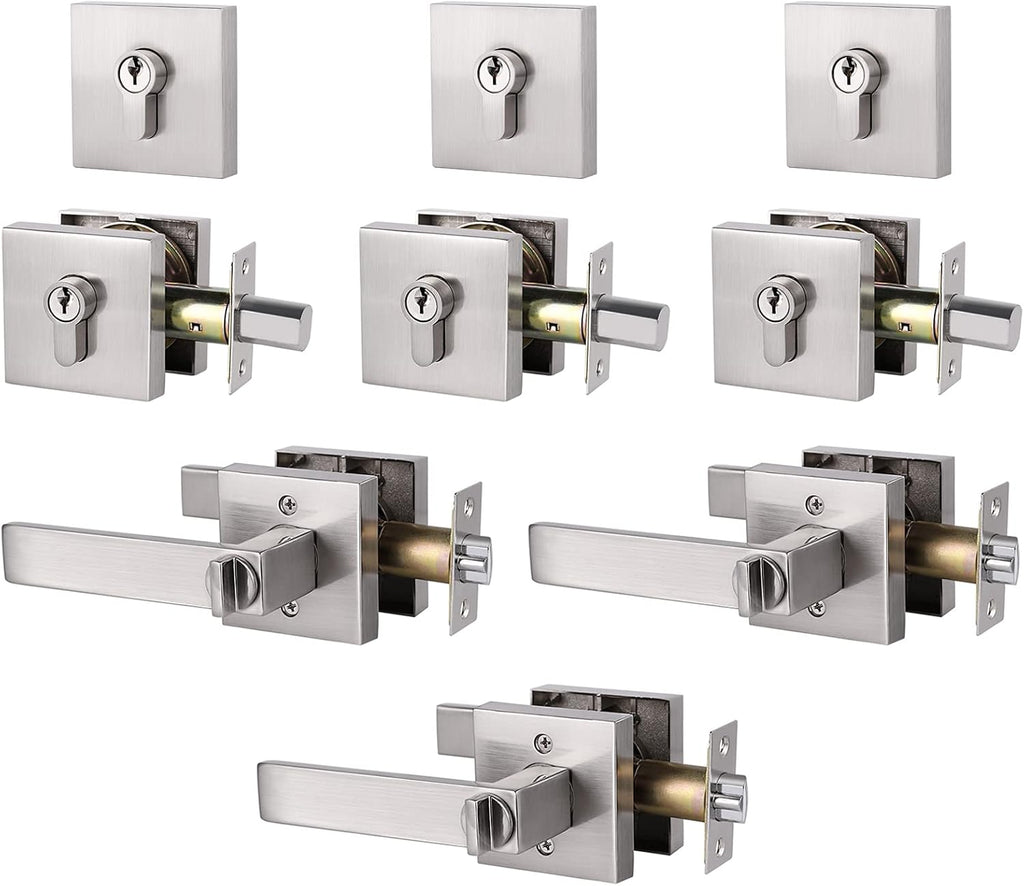 6 Pack Keyed Alike Lever Door Handle and Deadbolt Lock Set, Satin Nickel V405